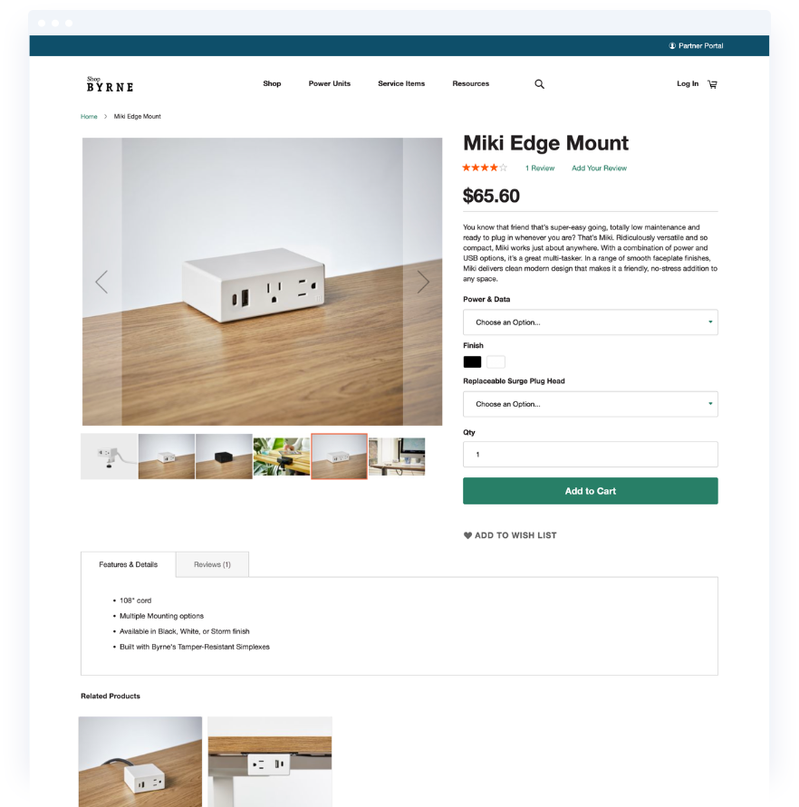 Byrne Website Product Page Displaying the Miki Edge Mount Power Outlet