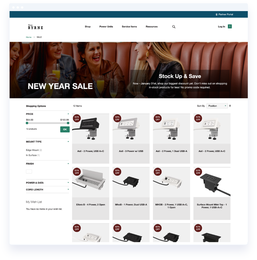 Screenshot of an Magento E-commerce Website Featuring a New Year Sale with Various Power Units Displayed in a Grid Format, Including Images and Prices. a Group of People is Seen in the Banner Image.