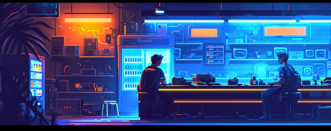 Two People Sit in a Neon-lit Futuristic Tech Workshop, Surrounded by Electronic Equipment and Gadgets