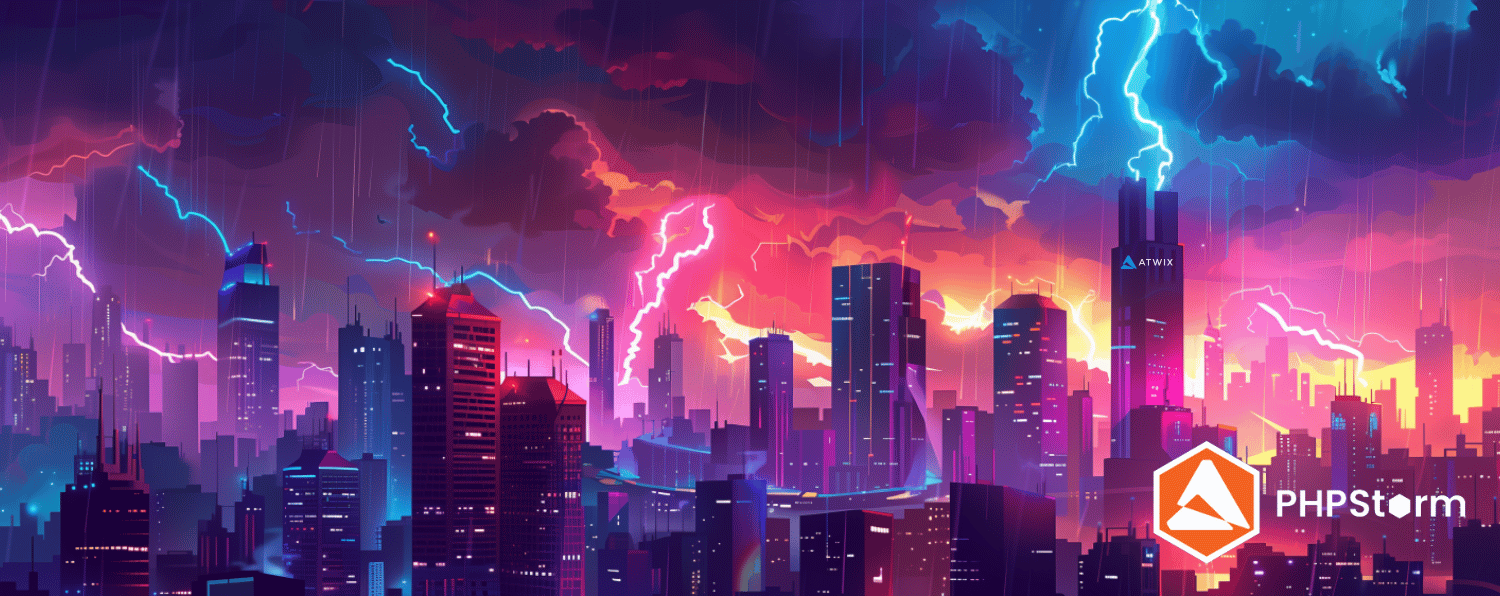 Stormy City Skyline Illuminated by Vibrant Lightning, Featuring Atwix and Phpstorm Logos, Symbolizing Powerful Development Tools.