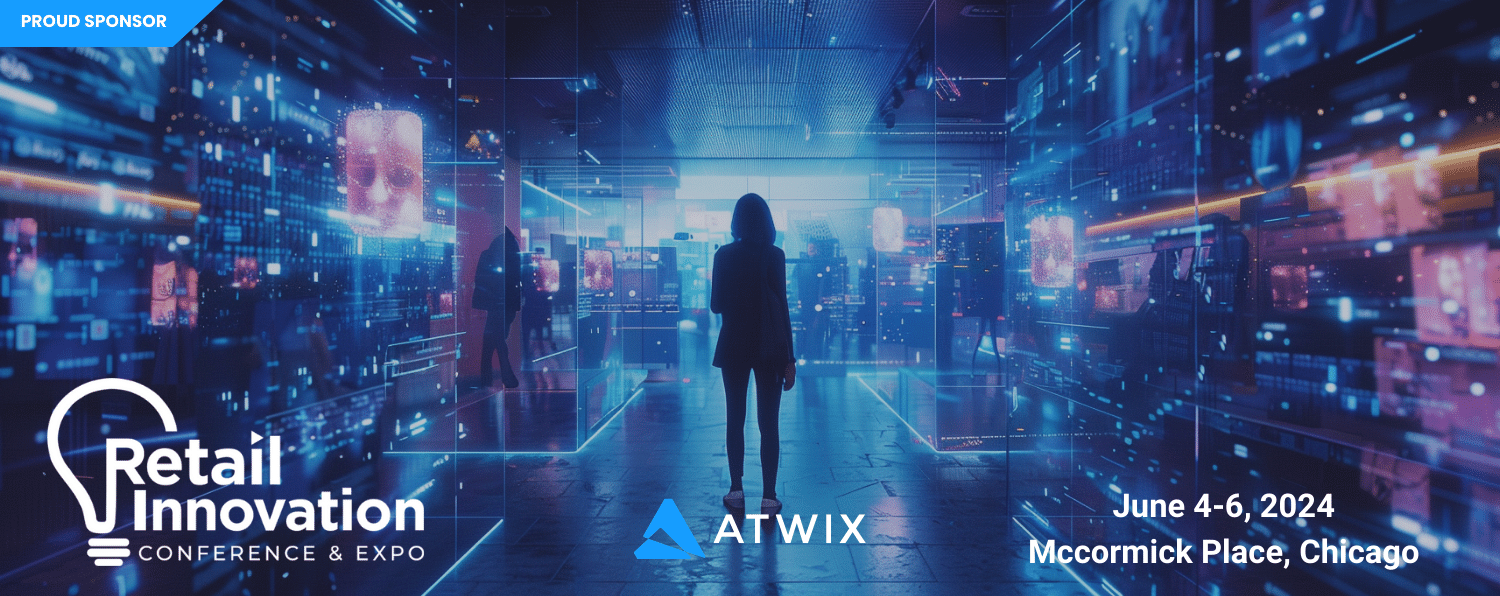 Futuristic Retail Environment Promoting Atwix's Sponsorship of the Retail Innovation Conference & Expo 2024 in Chicago.