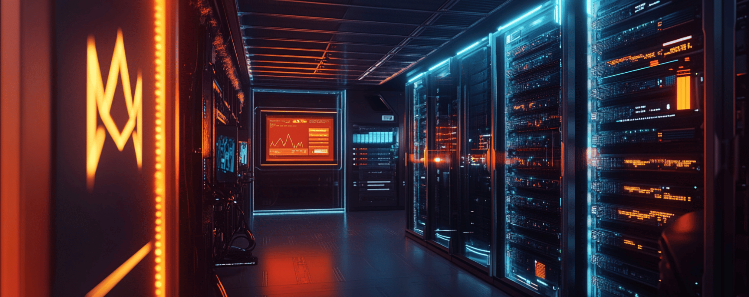 Futuristic Data Center with Glowing Server Racks and Screens, Representing Advanced Magento Hosting Solutions