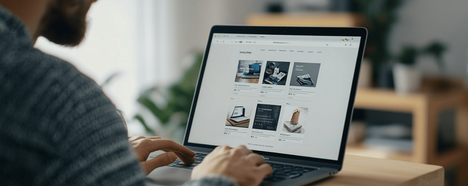 Person Browsing Online Store on Laptop, Showcasing Ecommerce Product Layout and Design Best Practices