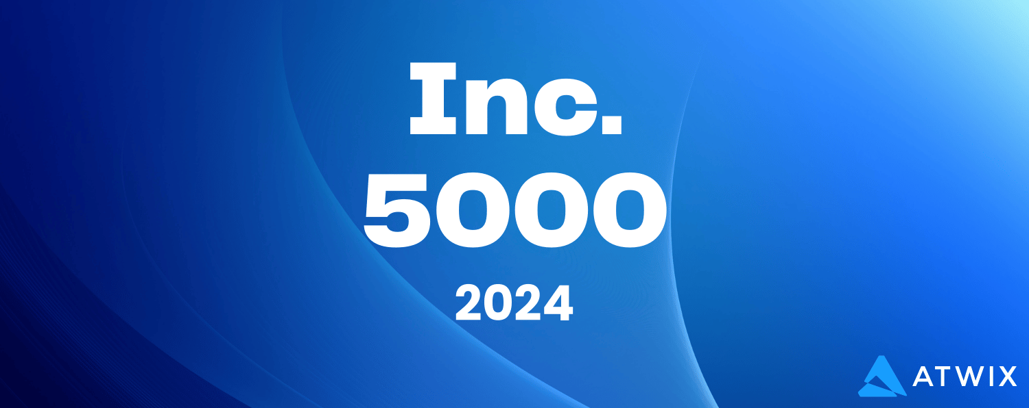 "inc. 5000 2024" Award Announcement on a Blue Gradient Background with the Atwix Logo in the Corner.