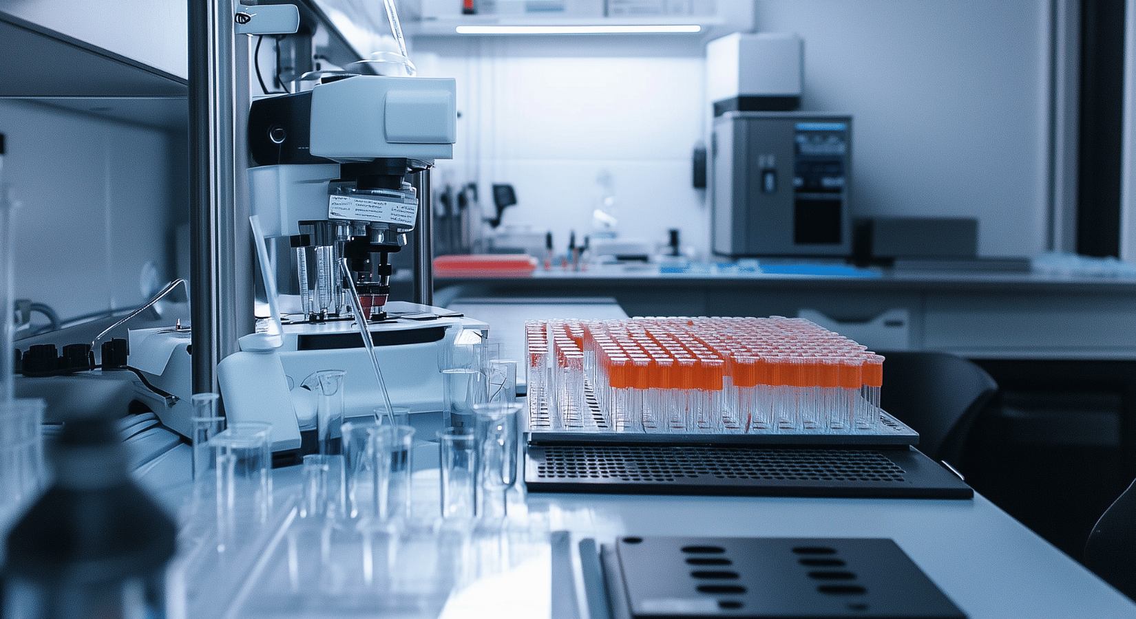 Laboratory with a Microscope and Neatly Arranged Test Tubes, Representing Biotechnology Research and Innovation at Sony Biotech.