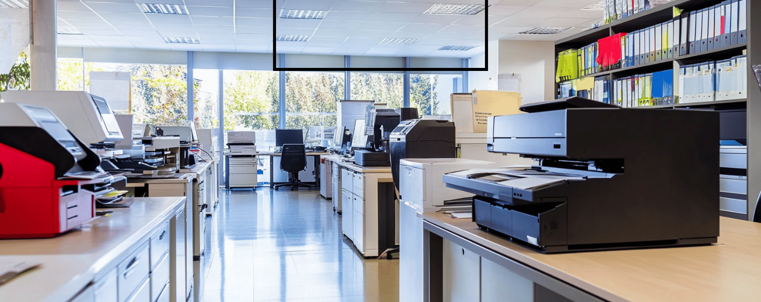 Modern Office Space with Multiple Printers, Copiers, and Shelves Filled with Organized Binders Near Large Windows.