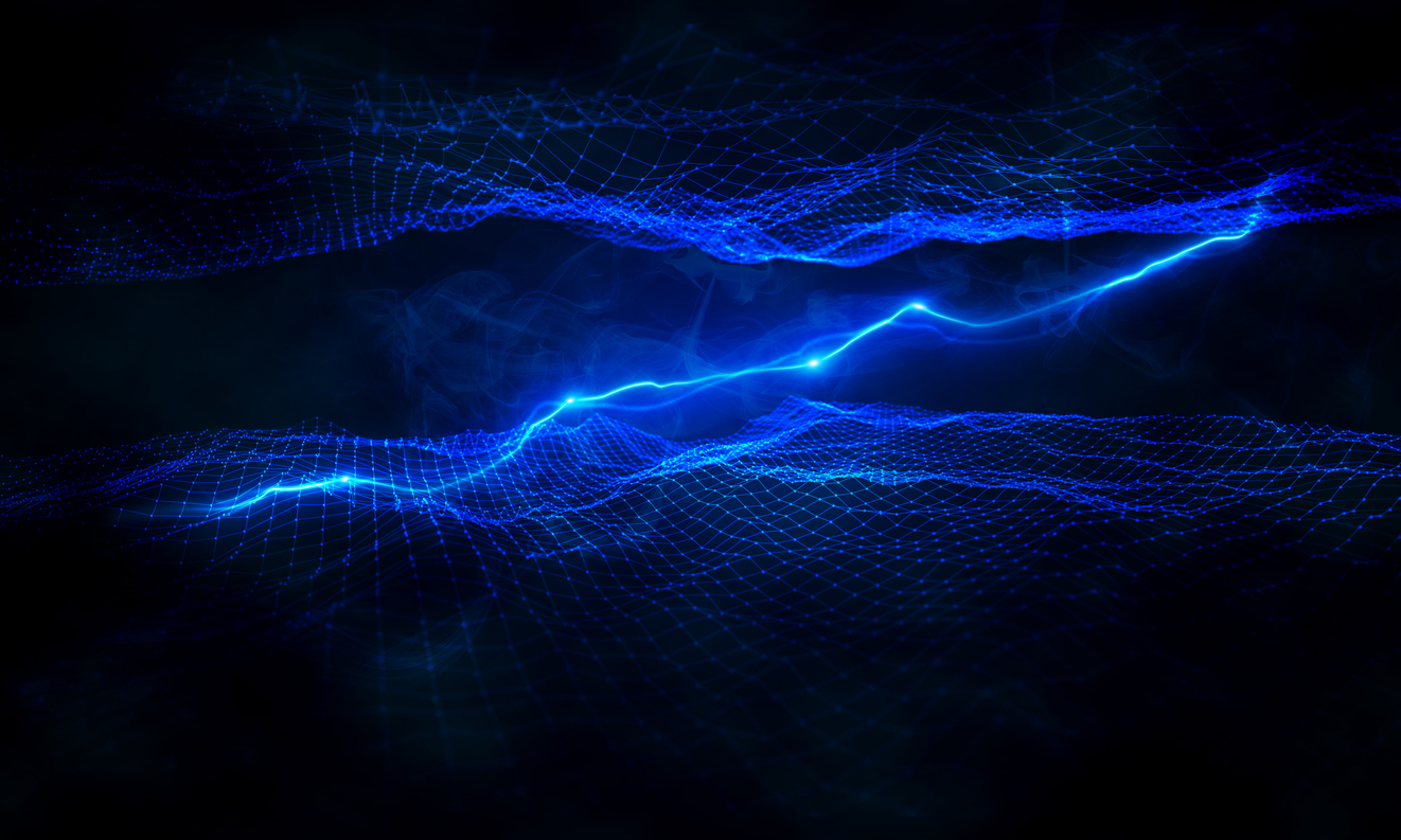 Abstract Blue Electric Wave Flowing Through a Dark Digital Grid, Resembling Energy or Data Transfer.