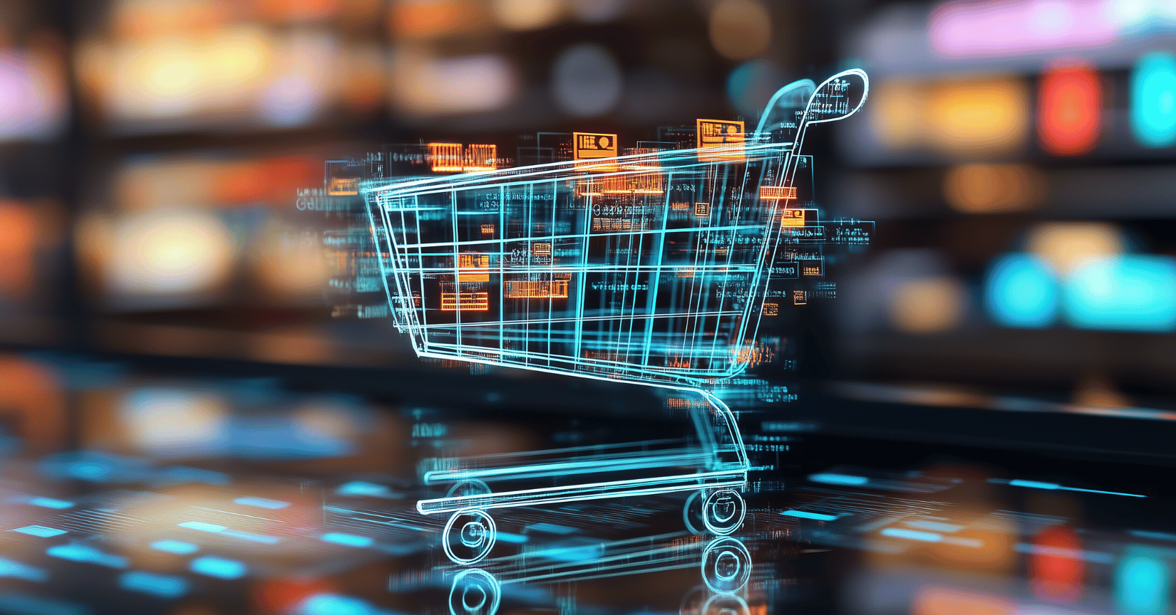 Digital Shopping Cart with Data Overlays Representing E-commerce Technology and Online Retail Innovations.