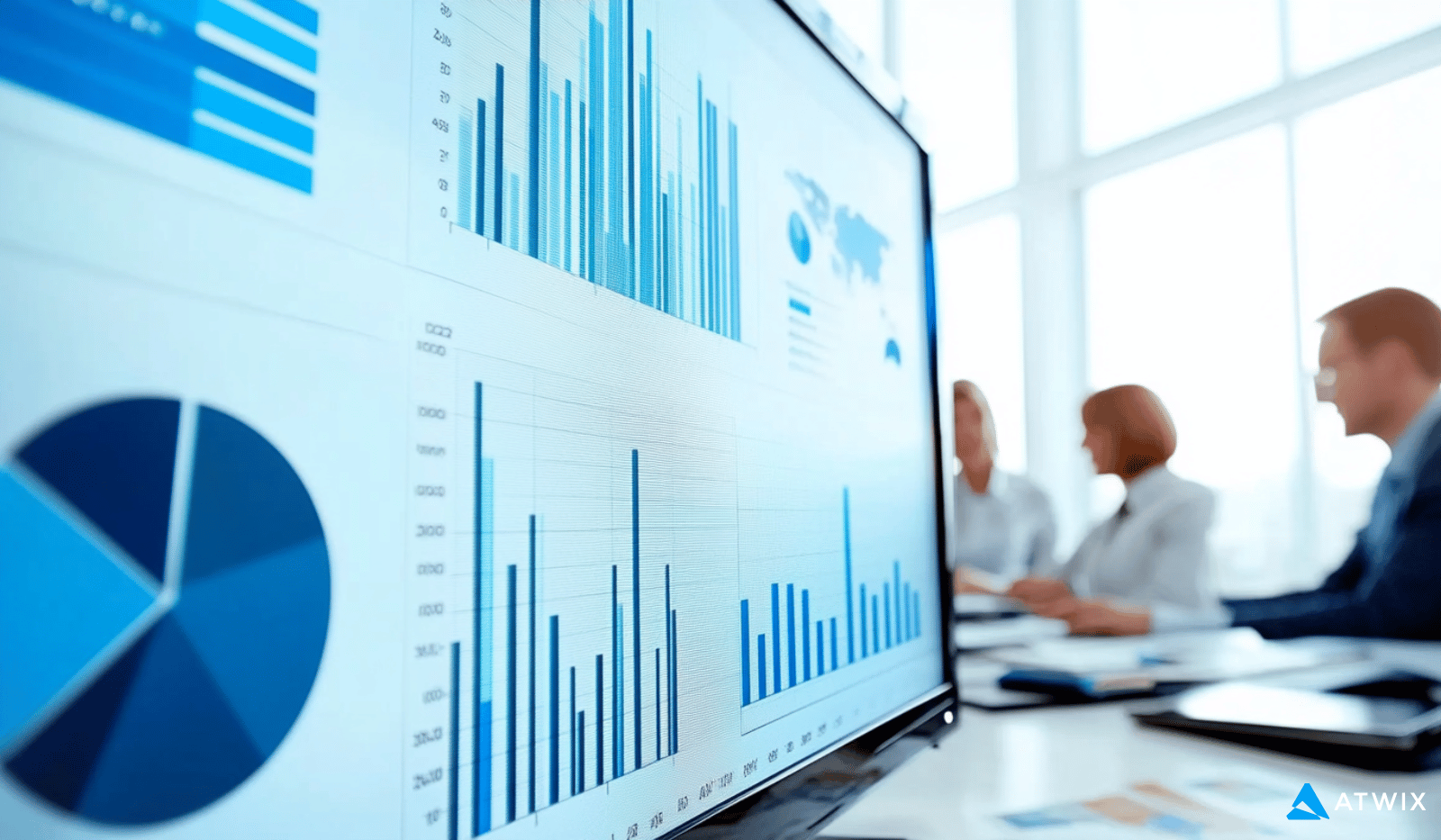 B2b E-commerce Seo Data Charts on Screen with Business Team in Meeting Background