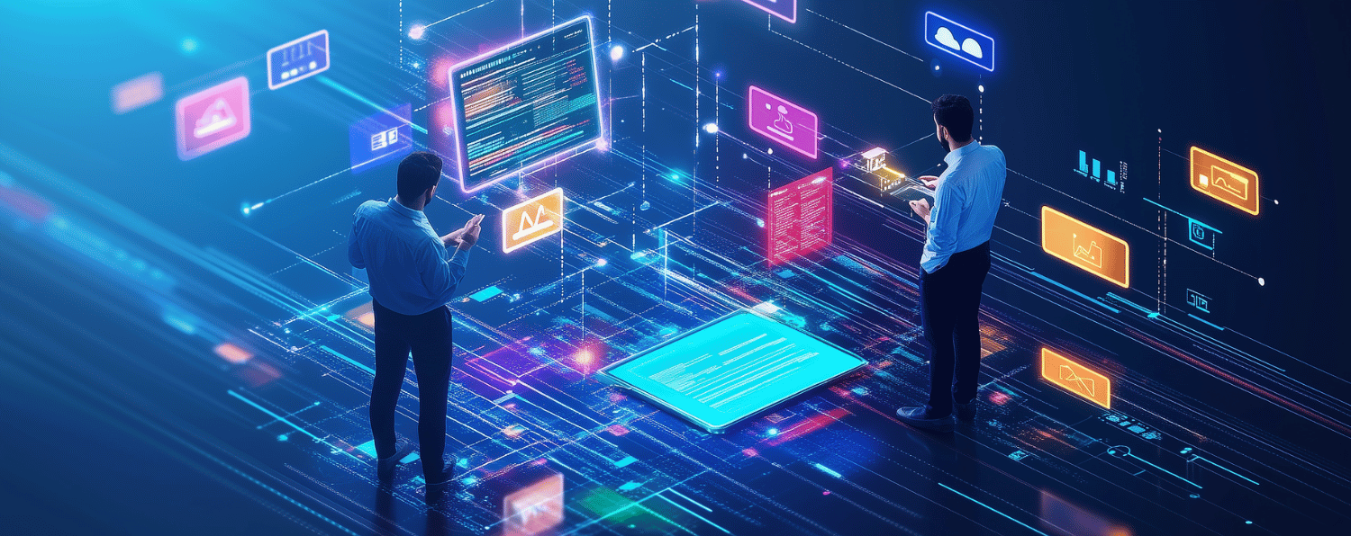 Two Men Analyze a Futuristic Digital Interface with Shopware Pwa Elements, Including Floating Icons, Data and Code.