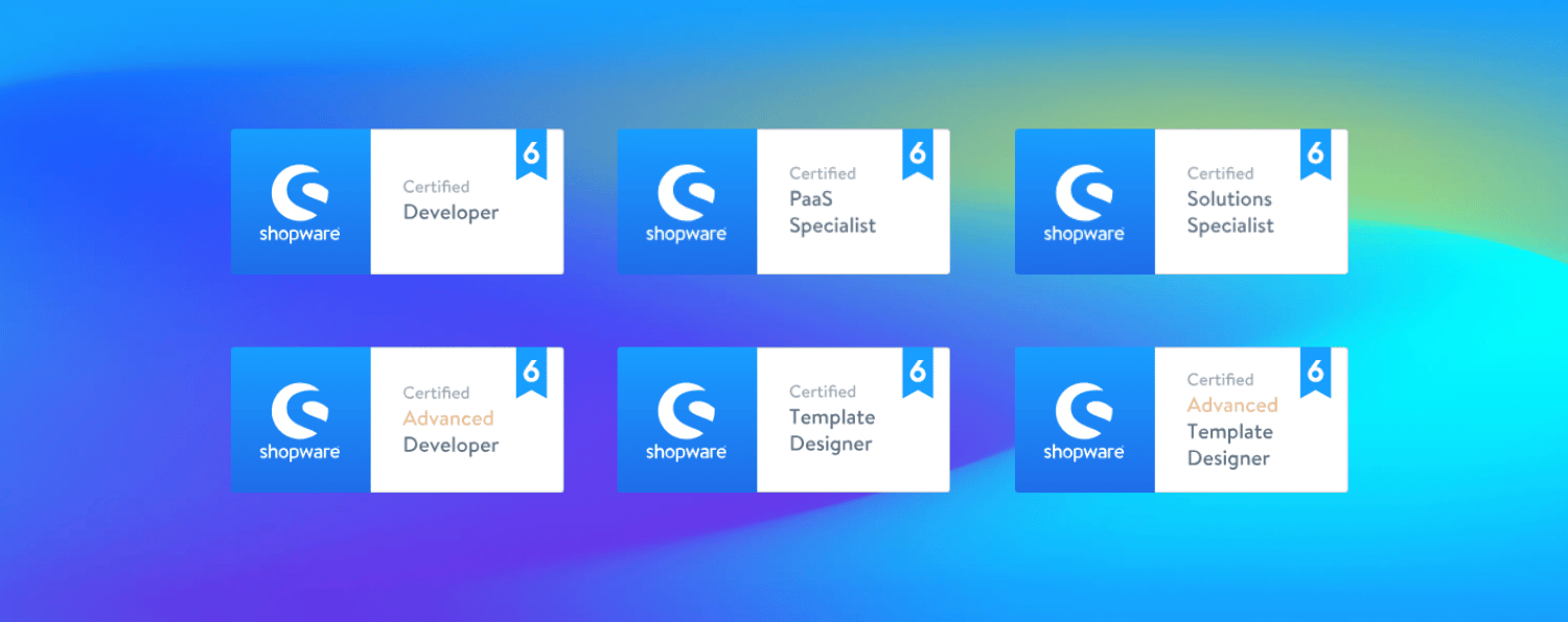 Shopware Certification Badges Showcasing Qualifications, Including Developer, Advanced Developer, Paas Specialist, Solutions Specialist, Template Designer, and Advanced Template Designer